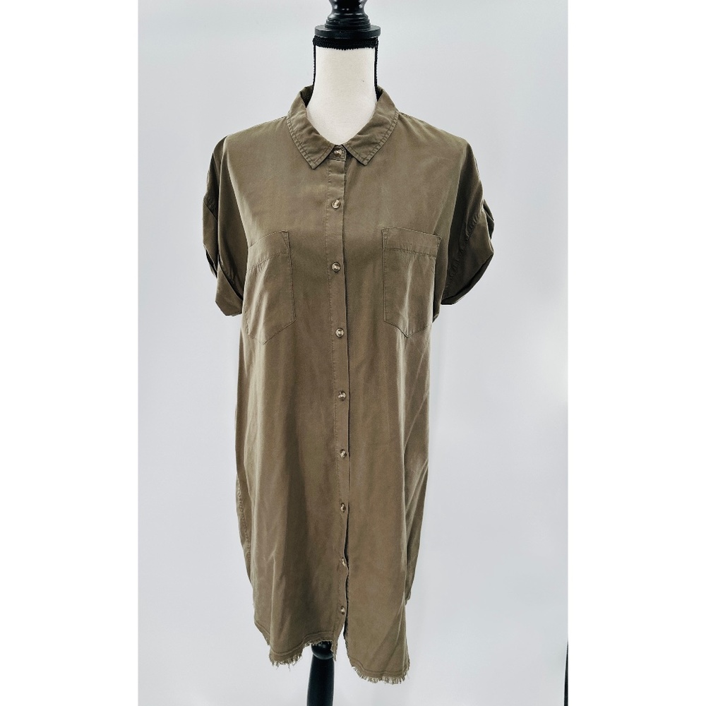 Thread + Supply Olive Loose Fit Shirt‎ Dress, w/ Fray Bottom Hem